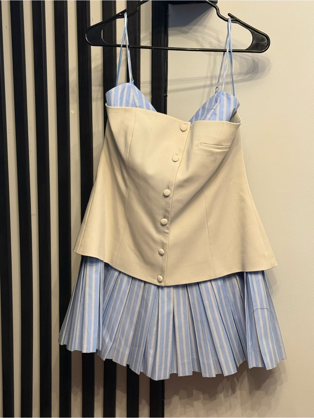 Zara Cream Corset Bodice with Blue-White Striped Pleated Skirt Mini Dress